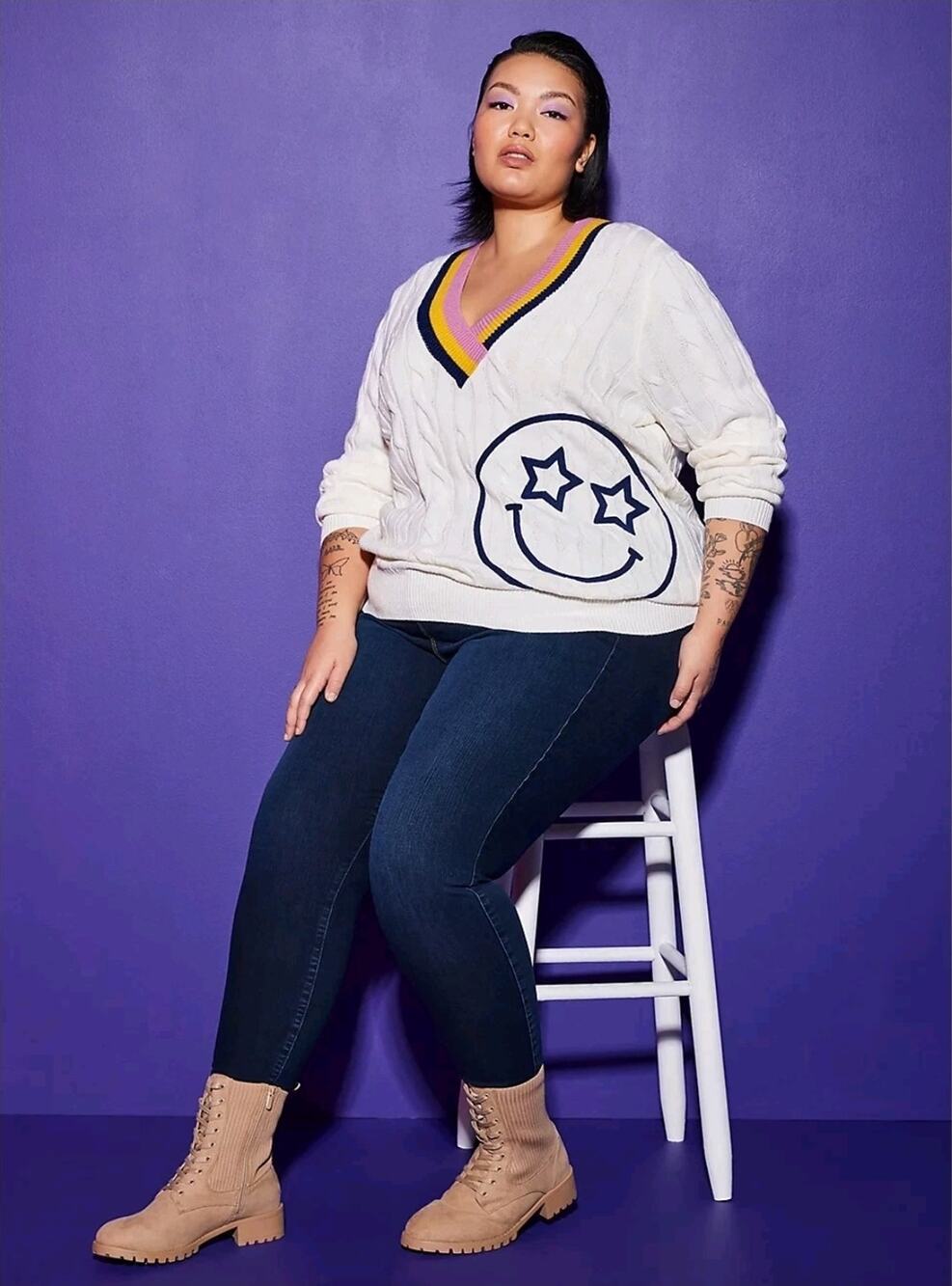 Torrid LoveSick Womens White Happy Face Cable Knit Sweater Plus Size 3XL